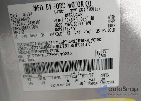 2014 Ford F-150 Fx2/King Ranch/Lariat/Platinum/Stx/Xl/Xlt из США, поврежденный, VIN 1FTFW1CF3EKF19280